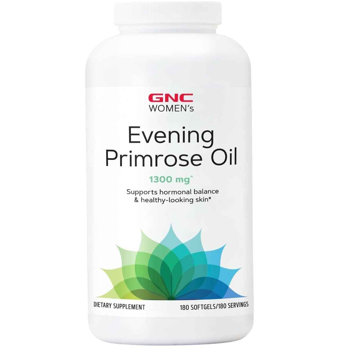 Frasco de suplemento GNC Aceite de Onagra 1300 mg 180 Cápsulas Blandas