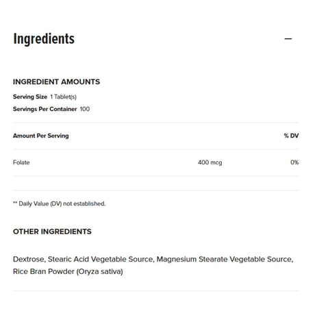 Tabla nutricional del suplemento GNC Ácido Fólico 400 mcg 100 tabletas vegetarianas