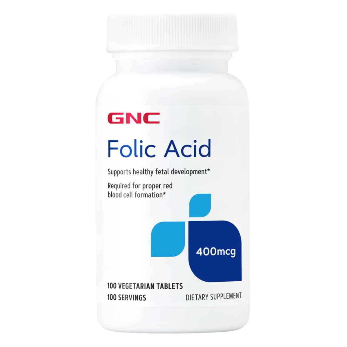 Frasco de suplemento GNC Ácido Fólico 400 mcg 100 tabletas vegetarianas
