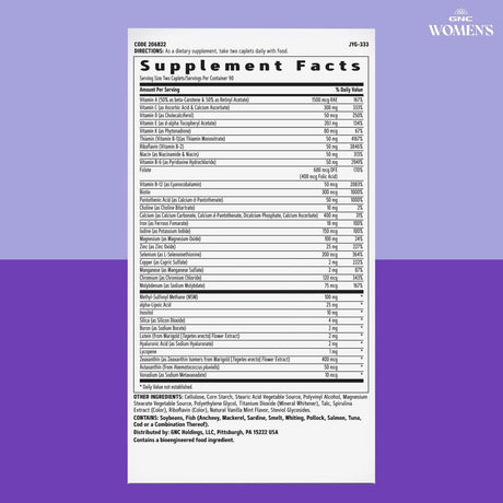 Información del suplemento de GNC Active multivitamínico para mujeres en tabletas, presentación de 180 tabletas