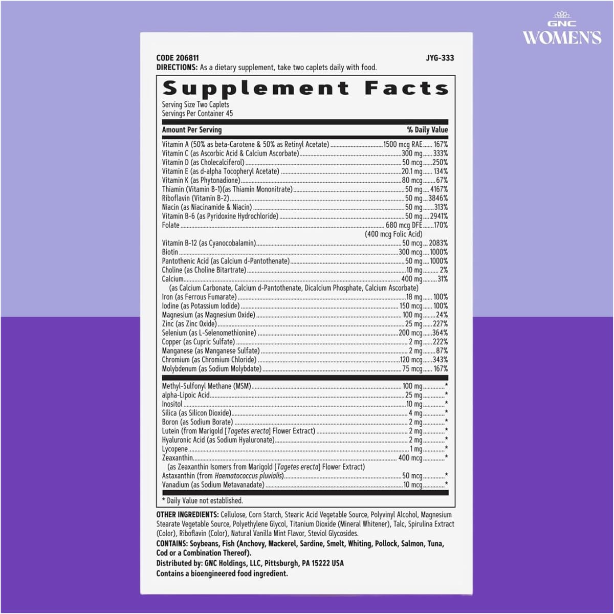 Información del suplemento de GNC Active multivitamínico para mujeres en tabletas, presentación de 90 tabletas