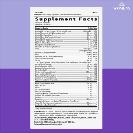 Información del suplemento de GNC Active multivitamínico para mujeres en tabletas, presentación de 90 tabletas