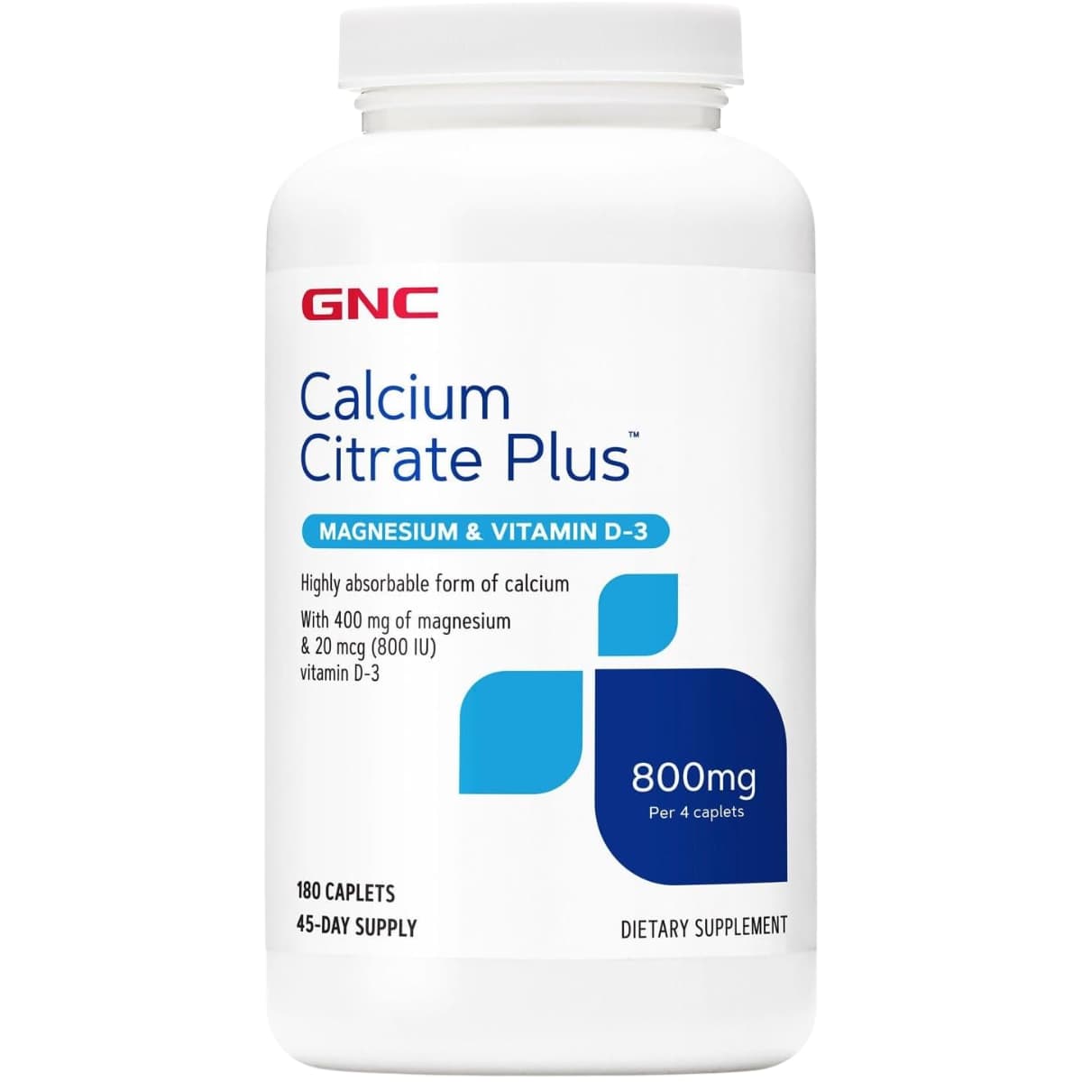 Frasco frontal de GNC Calcium Citrate Plus con magnesio y vitamina D3 en tabletas, 180 tabletas