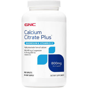 Frasco frontal de GNC Calcium Citrate Plus con magnesio y vitamina D3 en tabletas, 180 tabletas