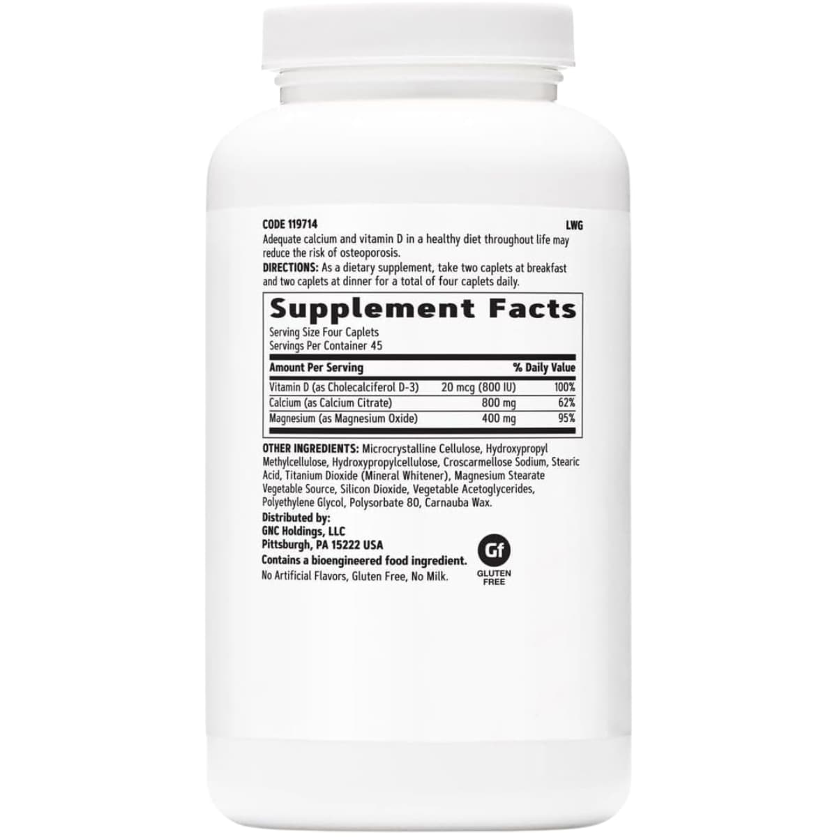 Información del suplemento de GNC Calcium Citrate Plus con magnesio y vitamina D3 en tabletas, 180 tabletas