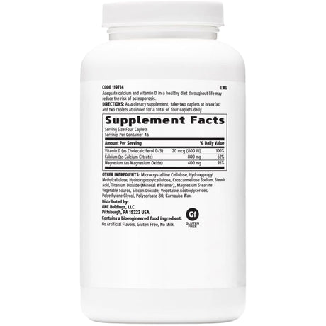 Información del suplemento de GNC Calcium Citrate Plus con magnesio y vitamina D3 en tabletas, 180 tabletas