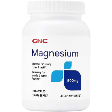 Frasco frontal de GNC magnesio 500 mg de 120 cápsulas