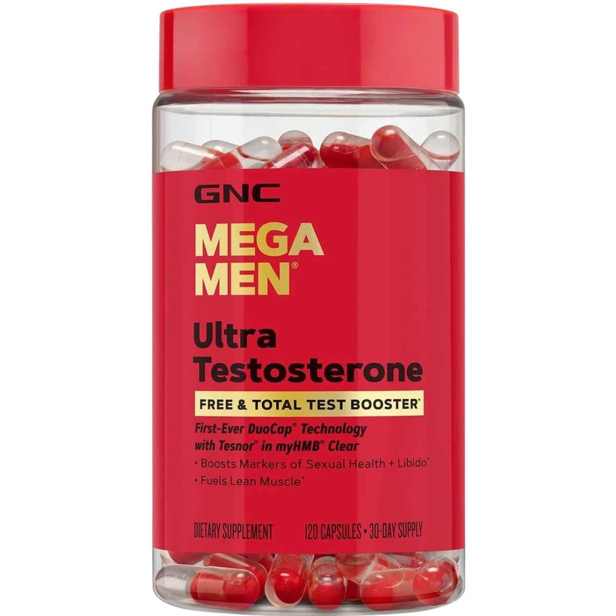 Frasco de GNC Mega Men fórmula con HMB y Tesnor para hombres de 120 cápsulas