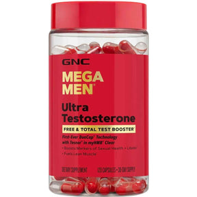 Frasco de GNC Mega Men fórmula con HMB y Tesnor para hombres de 120 cápsulas