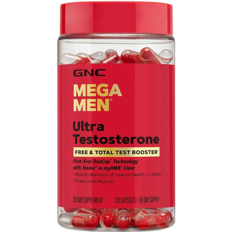 Frasco de GNC Mega Men fórmula con HMB y Tesnor para hombres de 120 cápsulas