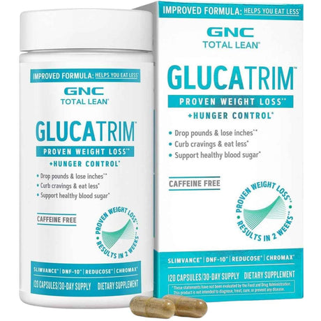 Frasco y caja de GNC Total Lean GlucaTrim, presentación de 120 cápsulas