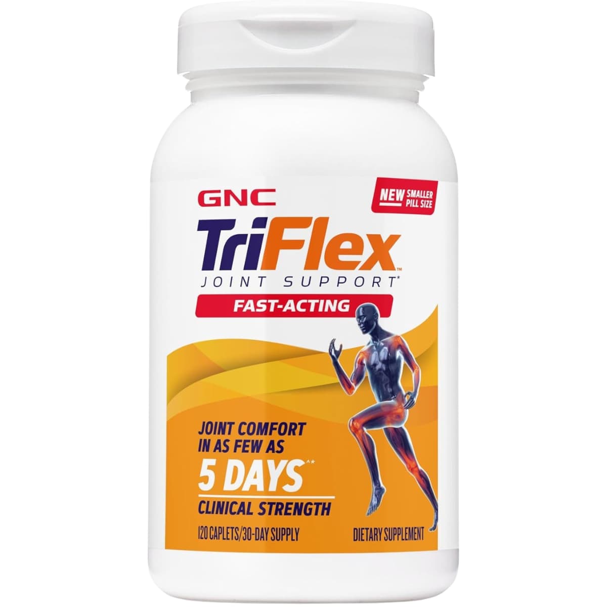 Frasco de suplemento GNC TriFlex Fast-Acting Glucosamina y Condroitina 120 cápsulas