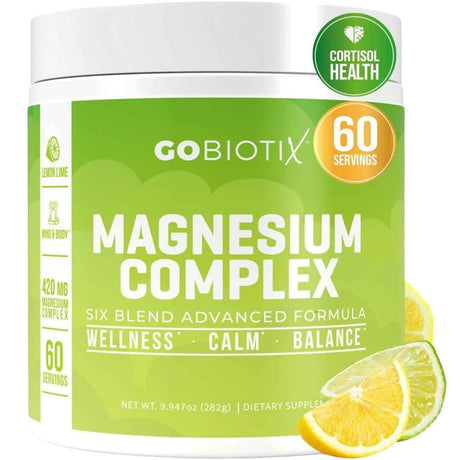 Frasco de suplemento GoBiotix Complejo de Magnesio sabor Lima Limón 420 mg 60 porciones