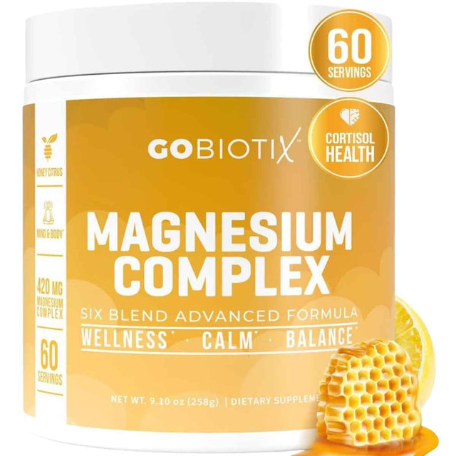 Frasco de suplemento GoBiotix Complejo de Magnesio sabor Miel Cítrica 420 mg 60 porciones