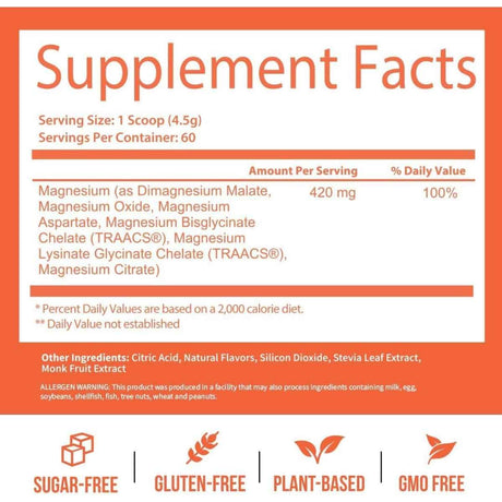 Tabla nutricional del suplemento GoBiotix Complejo de Magnesio sabor Té de Melocotón 420 mg 60 porciones