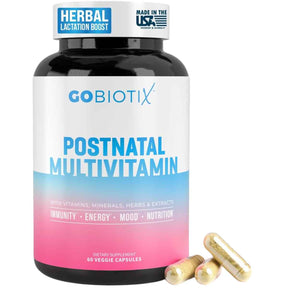Frasco de suplemento GoBiotix Multivitamínico Postnatal 60 cápsulas vegetales
