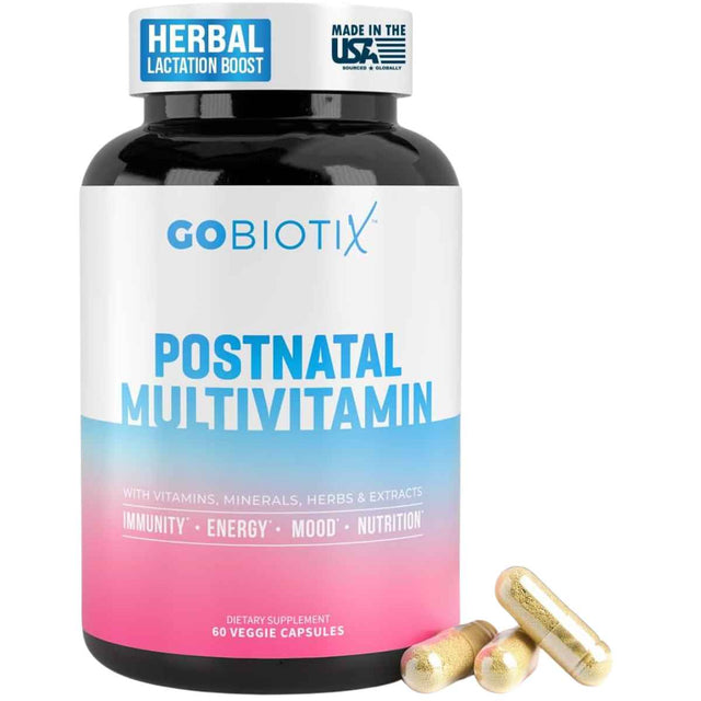 Frasco de suplemento GoBiotix Multivitamínico Postnatal 60 cápsulas vegetales