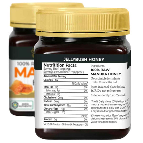 Tabla nutricional del suplemento Good Natured Miel de Manuka Cruda Australiana 850+ MGO 250 g
