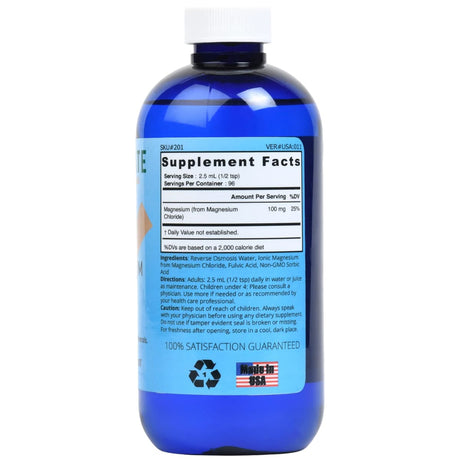 Información del suplemento de Good State Health Solutions magnesio iónico líquido de 240 ml con 100 mg de magnesio por porción.