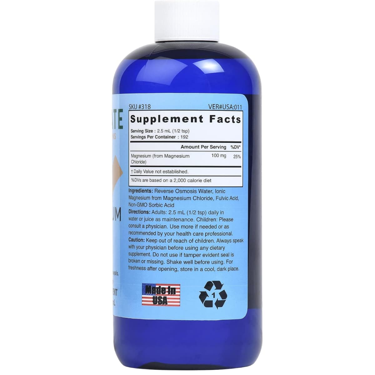 Información del suplemento de Good State Health Solutions magnesio iónico líquido de 480 ml con 100 mg de magnesio por porción.