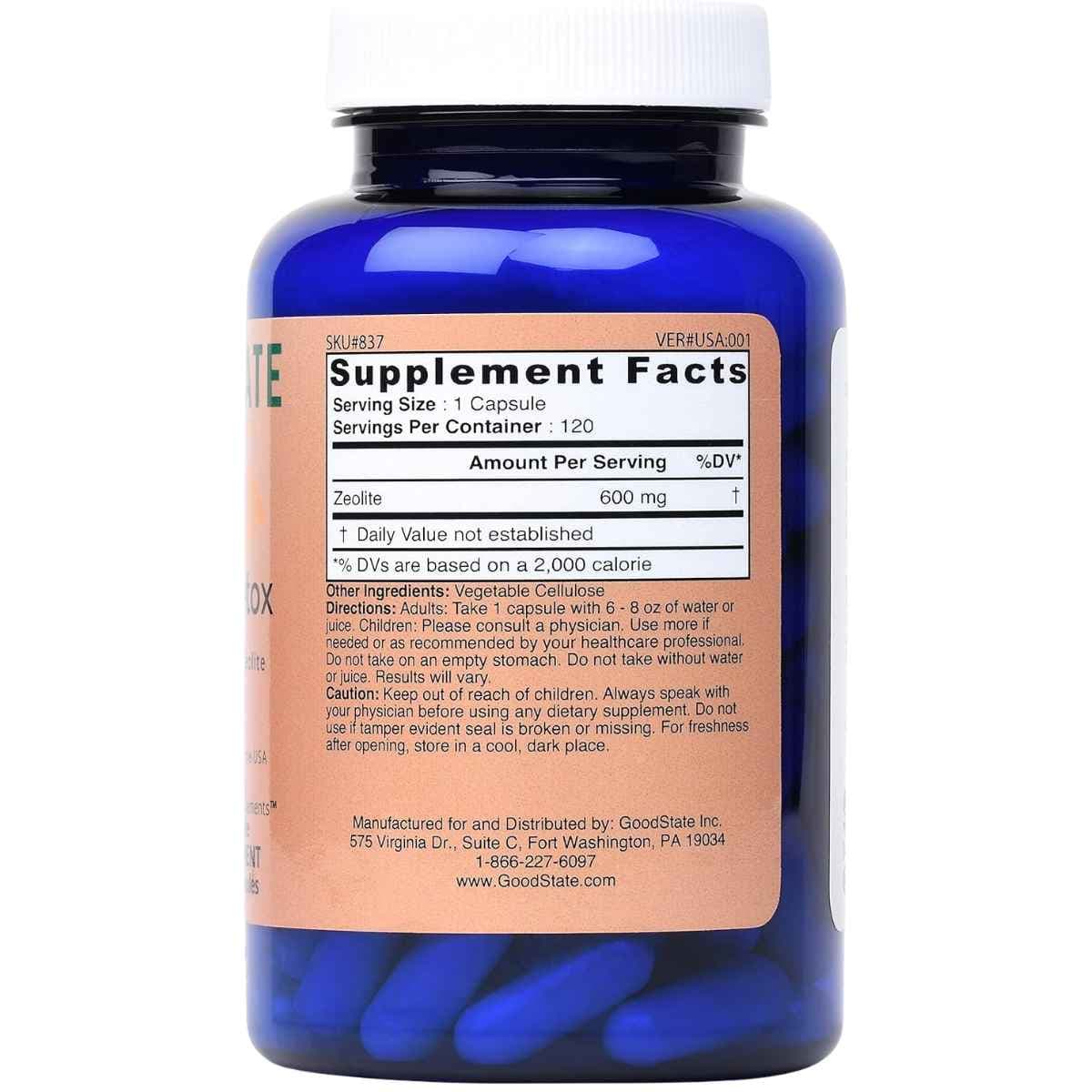 Tabla nutricional del suplemento Good State Zeolita Desintoxicación 120 cápsulas vegetarianas