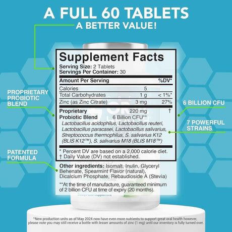 Tabla nutricional del suplemento Great Oral Health Probióticos Orales Avanzados Menta Fresca 60 tabletas masticables