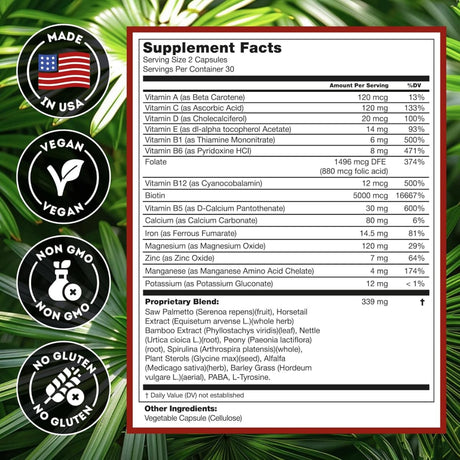 Tabla nutricional del suplemento Hairo Nutrition Biotina 60 cápsulas