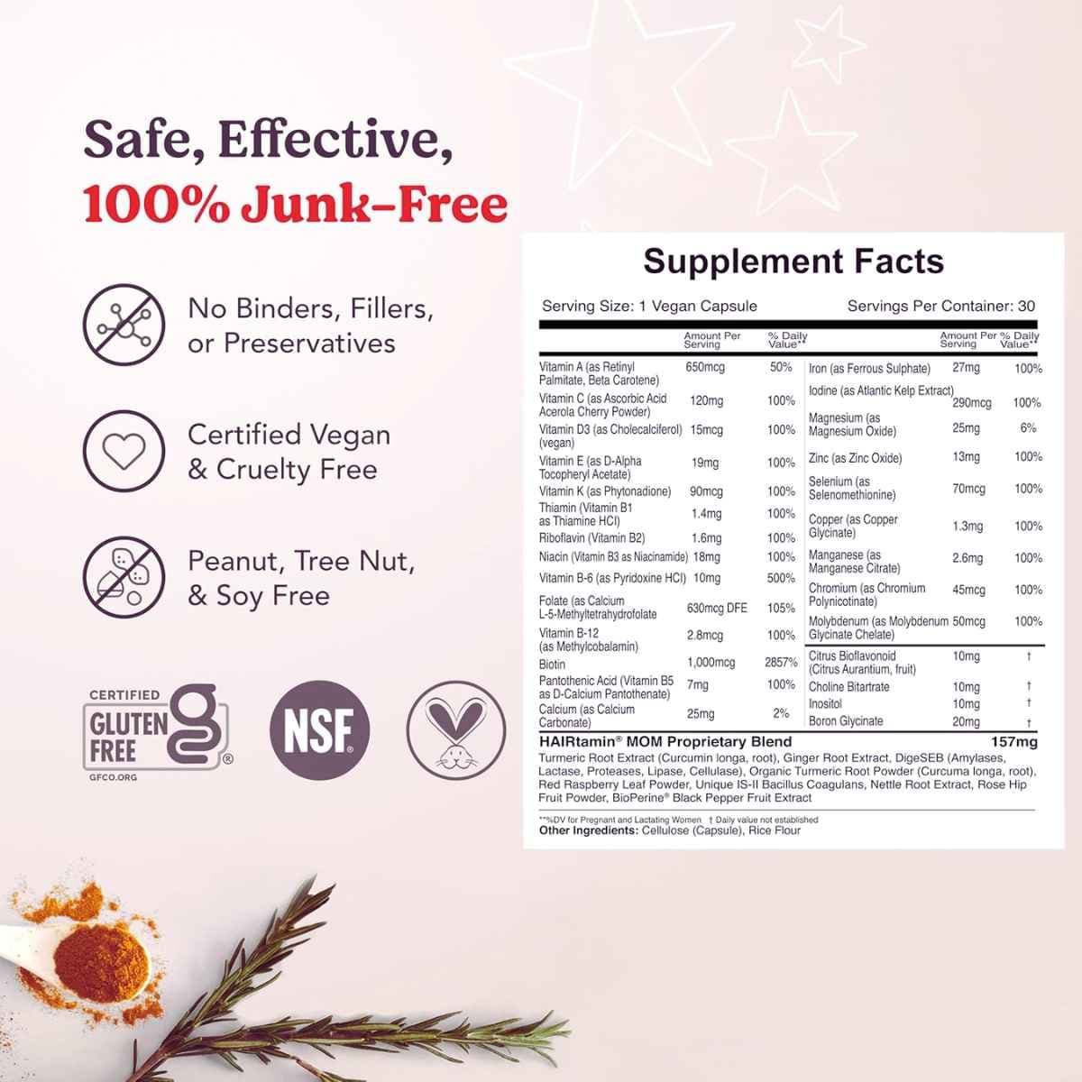 Tabla nutricional del suplemento HAIRtamin Mom Formula 30 cápsulas