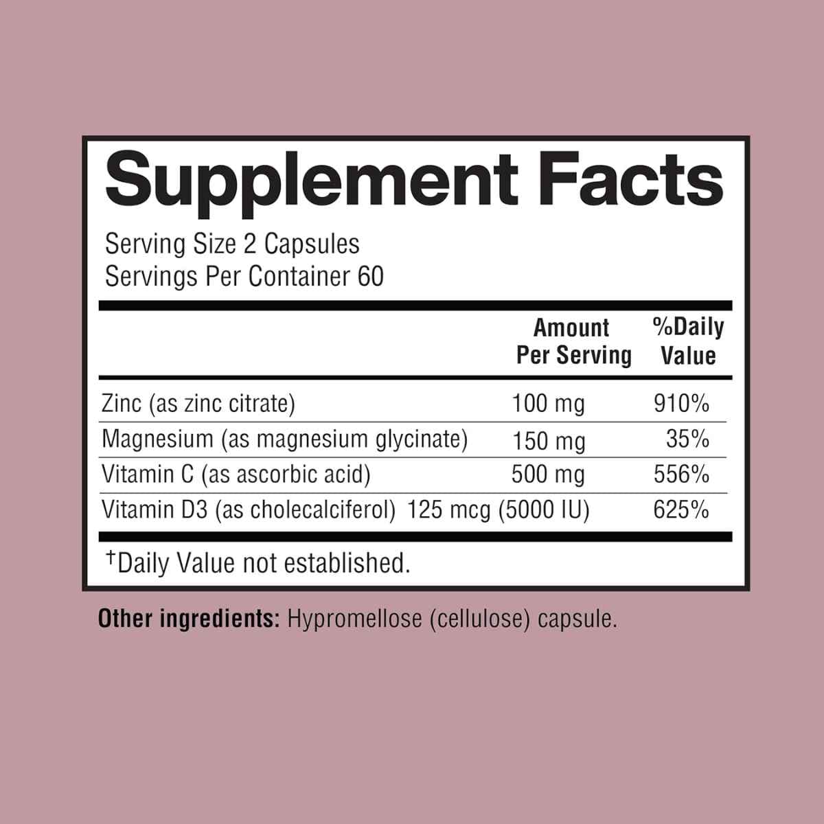 Tabla nutricional del suplemento Happi Mi Nutrition Zinc con Magnesio, Vitamina C y D3 120 cápsulas