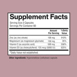 Tabla nutricional del suplemento Happi Mi Nutrition Zinc con Magnesio, Vitamina C y D3 120 cápsulas