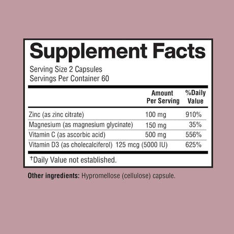 Tabla nutricional del suplemento Happi Mi Nutrition Zinc con Magnesio, Vitamina C y D3 120 cápsulas