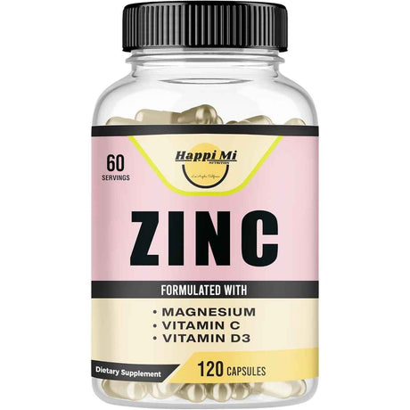 Frasco de suplemento Happi Mi Nutrition Zinc con Magnesio, Vitamina C y D3 120 cápsulas