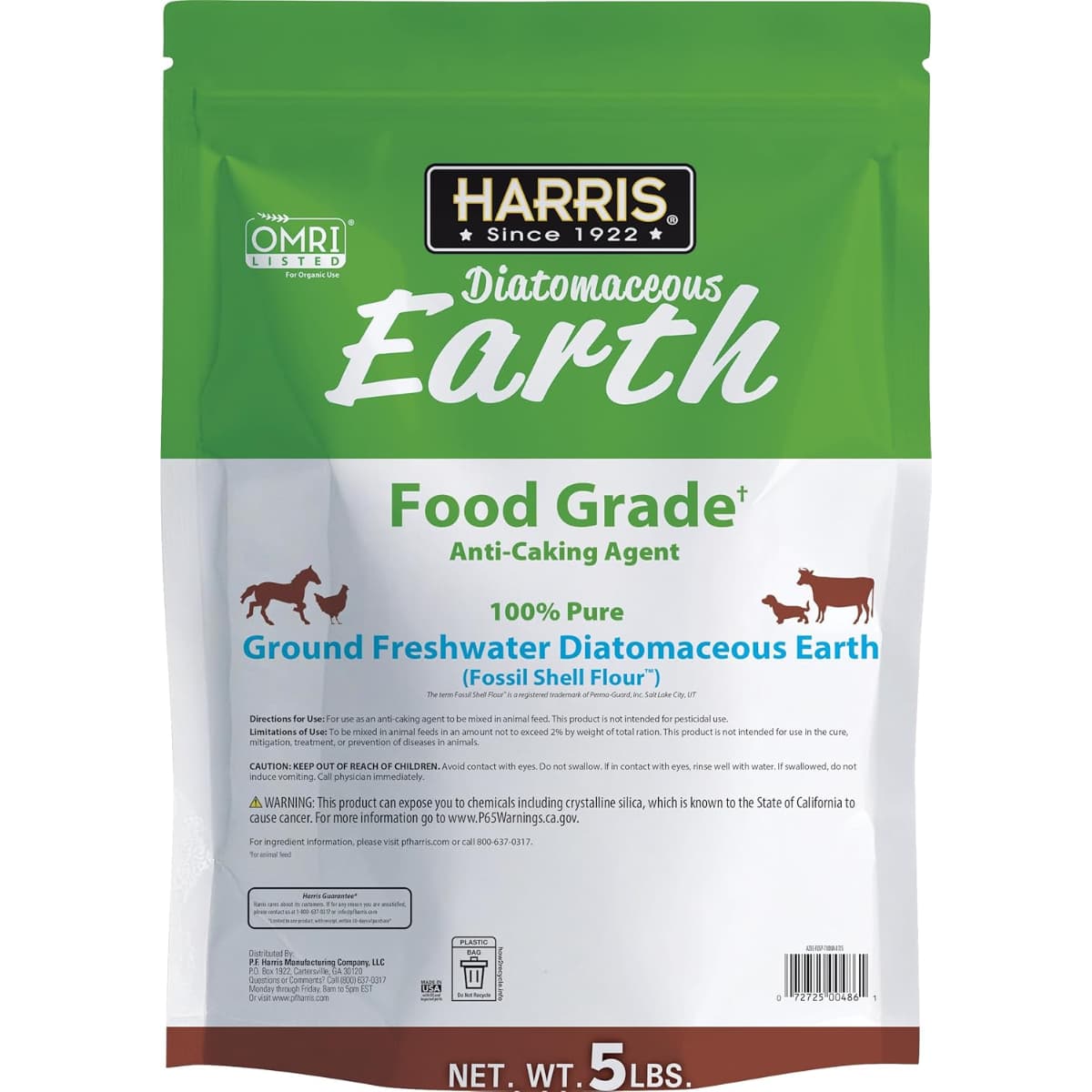 Etiqueta posterior de HARRIS tierra de diatomeas de 5 lb con instrucciones, advertencias y código de barras