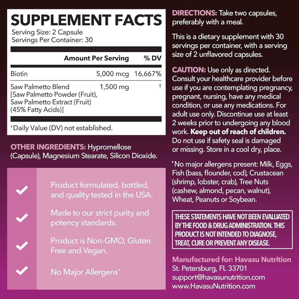 Tabla nutricional del suplemento Havasu Nutrition Saw Palmetto y Biotina 5000 mcg 60 cápsulas