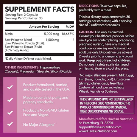 Tabla nutricional del suplemento Havasu Nutrition Saw Palmetto y Biotina 5000 mcg 60 cápsulas