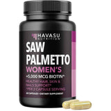 Frasco de suplemento Havasu Nutrition Saw Palmetto y Biotina 5000 mcg 60 cápsulas