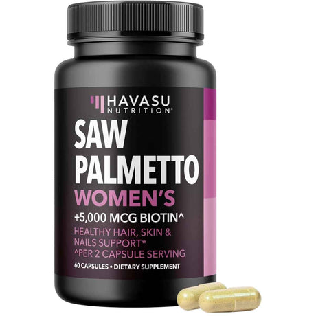 Frasco de suplemento Havasu Nutrition Saw Palmetto y Biotina 5000 mcg 60 cápsulas