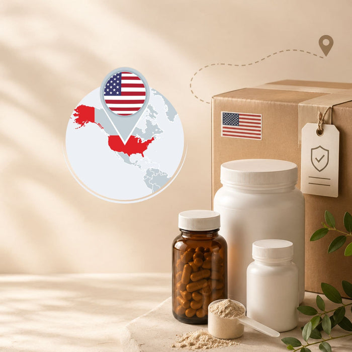 Suplementos importados desde USA con caja de envío, frascos de suplementos y fondo beige para la colección Bajo pedido desde USA.