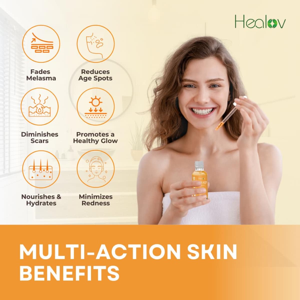Etiqueta con información del suplemento Healov Ácido Kójico Facial Serum 30 ml líquido