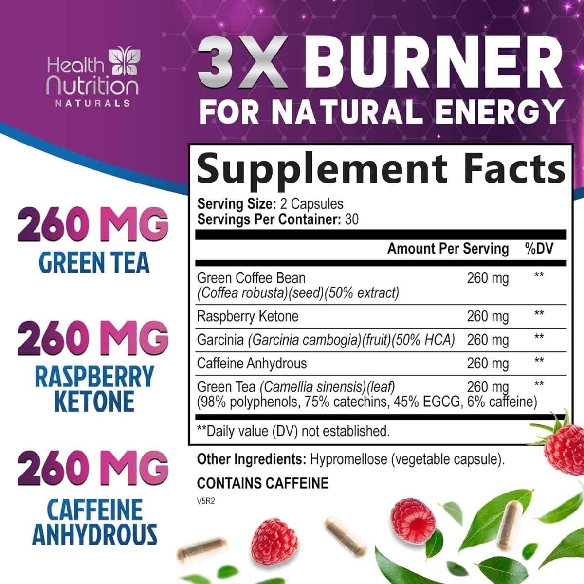Tabla nutricional del suplemento Health Nutrition Naturals Extracto de Té Verde EGCG 1300 mg 120 cápsulas
