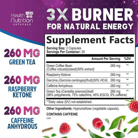 Tabla nutricional del suplemento Health Nutrition Naturals Extracto de Té Verde EGCG 1300 mg 120 cápsulas