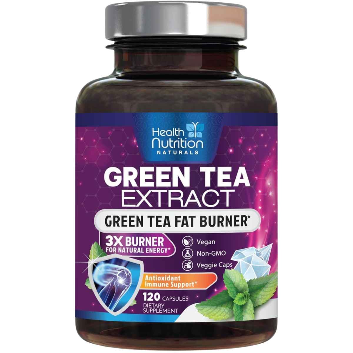Frasco de suplemento Health Nutrition Naturals Extracto de Té Verde EGCG 1300 mg 120 cápsulas