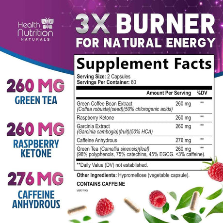 Tabla nutricional del suplemento Health Nutrition Naturals Extracto de Té Verde EGCG 1300 mg 60 cápsulas