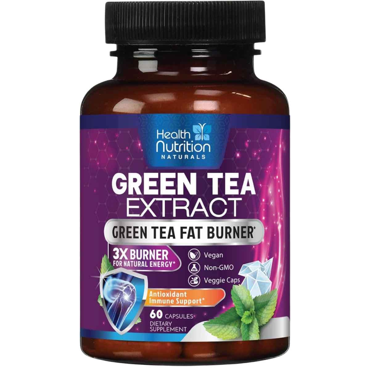 Frasco de suplemento Health Nutrition Naturals Extracto de Té Verde EGCG 1300 mg 60 cápsulas