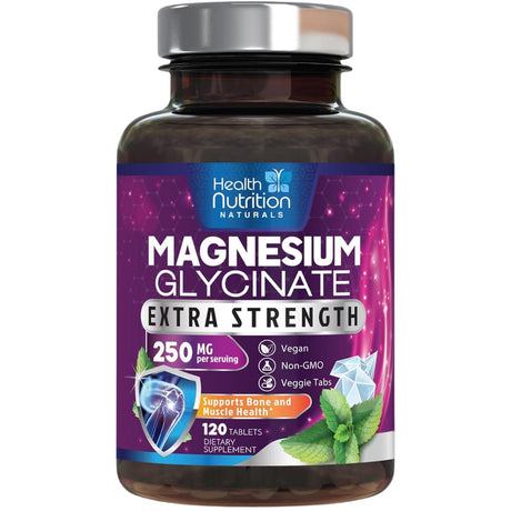 Frasco de glicinato de magnesio Health Nutrition Naturals de 120 tabletas
