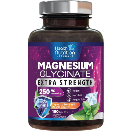 Frasco de glicinato de magnesio Health Nutrition Naturals de 180 tabletas