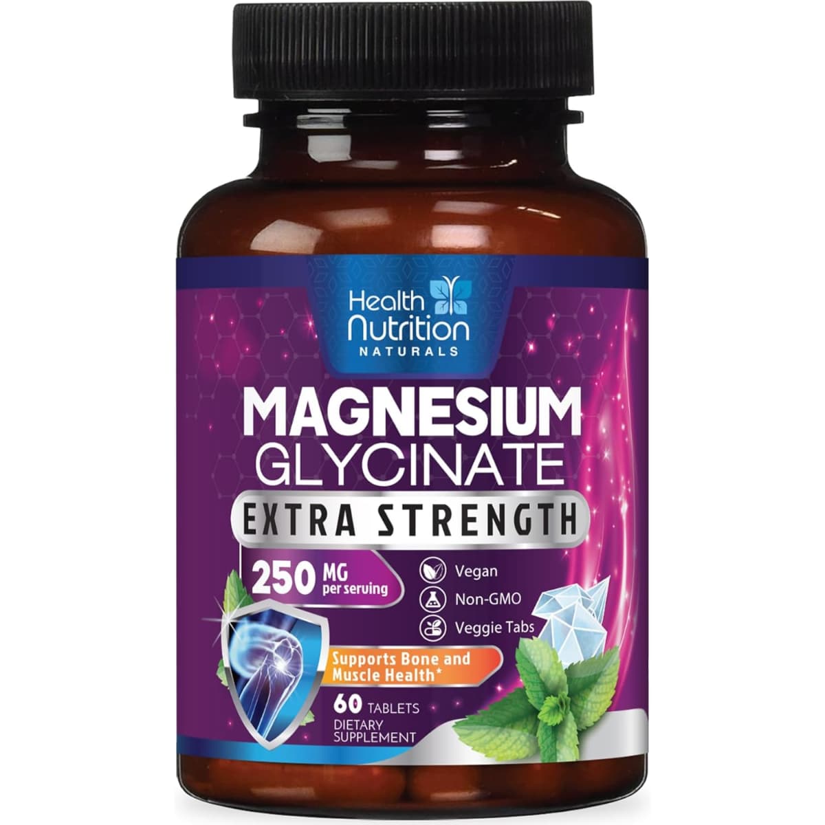 Frasco de glicinato de magnesio Health Nutrition Naturals de 60 tabletas