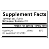 Etiqueta Supplement Facts del glicinato de magnesio Health Nutrition Naturals de 180 tabletas