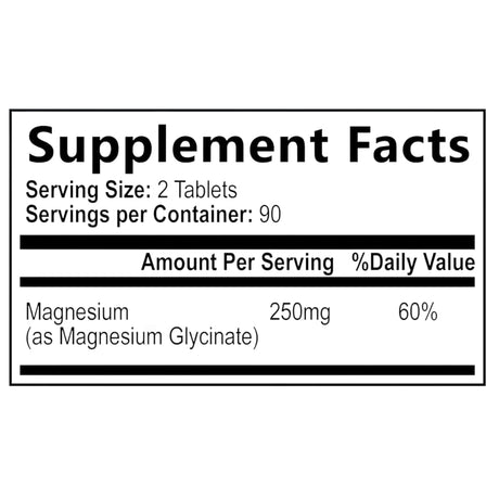 Etiqueta Supplement Facts del glicinato de magnesio Health Nutrition Naturals de 180 tabletas