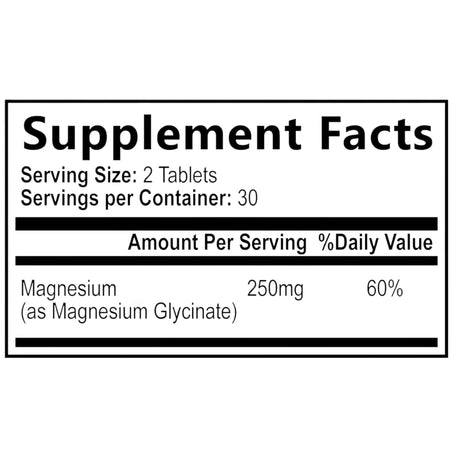 Etiqueta Supplement Facts del glicinato de magnesio Health Nutrition Naturals de 60 tabletas